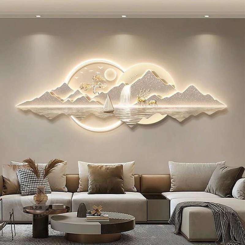 现代轻奢山水画客厅挂画背有靠山沙发背景墙装饰画高级感墙壁灯画