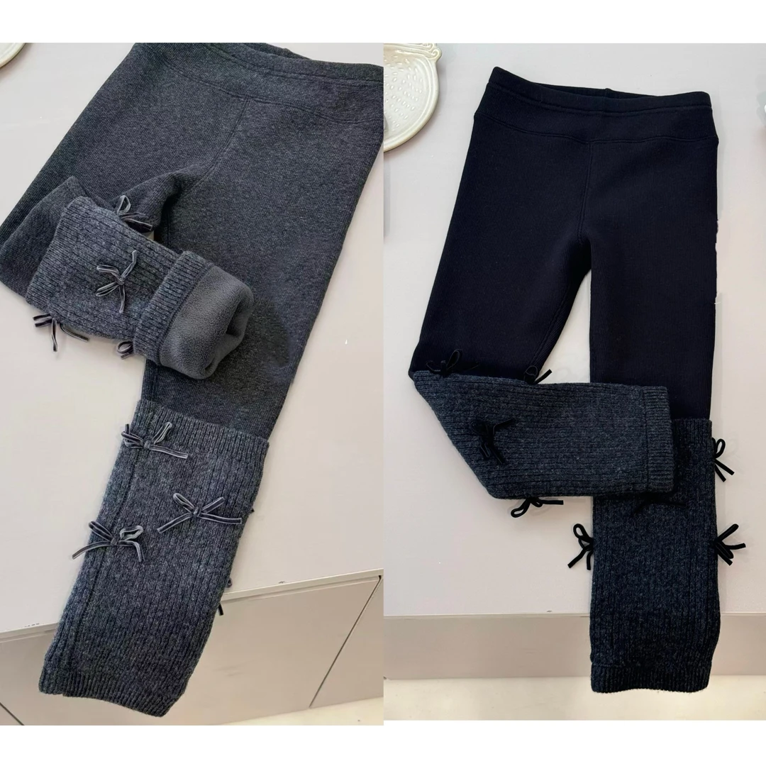 【C TING】韩版亲子装童装女童冬季加绒蝴蝶结假两件袜套打底裤8801