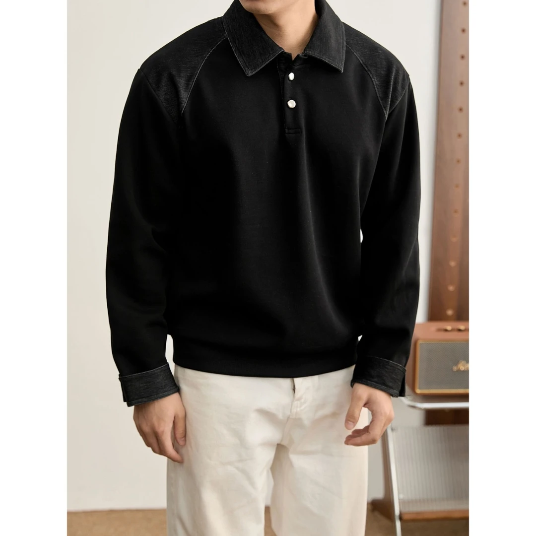 松弛感翻领拼接卫衣POLO衫男士秋季穿搭痞帅设计感长袖上衣打底衫