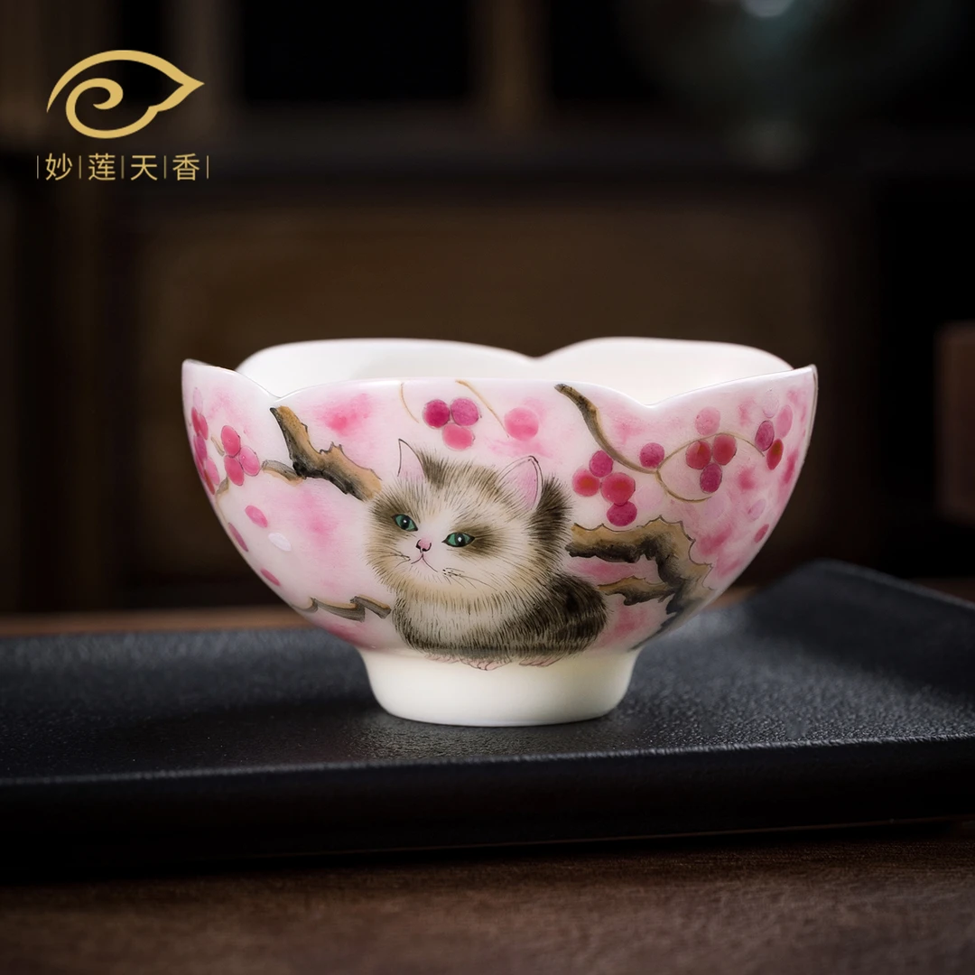 妙莲天香高档手绘创意白瓷主人杯单杯陶瓷功夫茶杯中秋送礼推荐