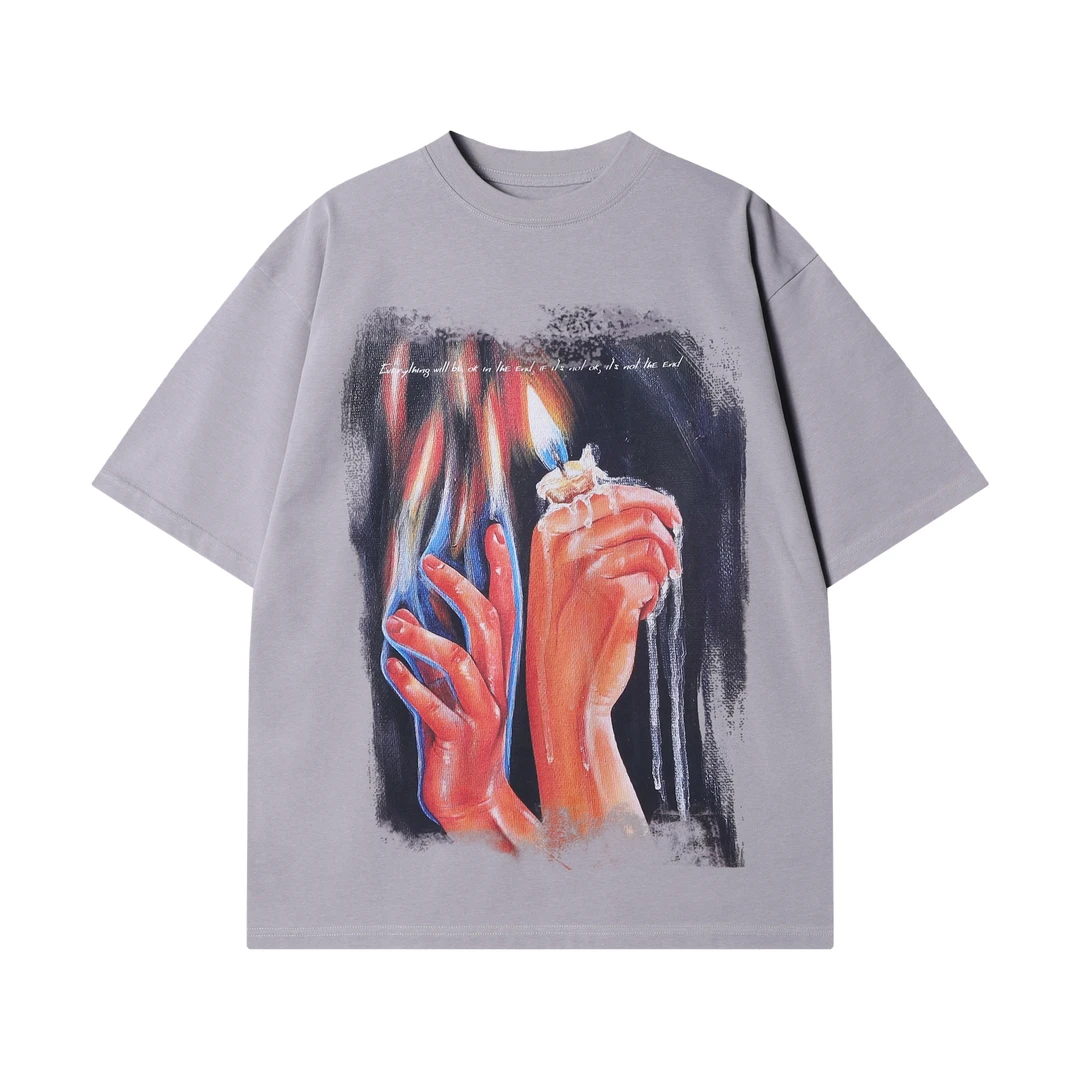 夏季新款美式潮牌抽象火焰大图案印花半袖宽松圆领短袖T恤男女