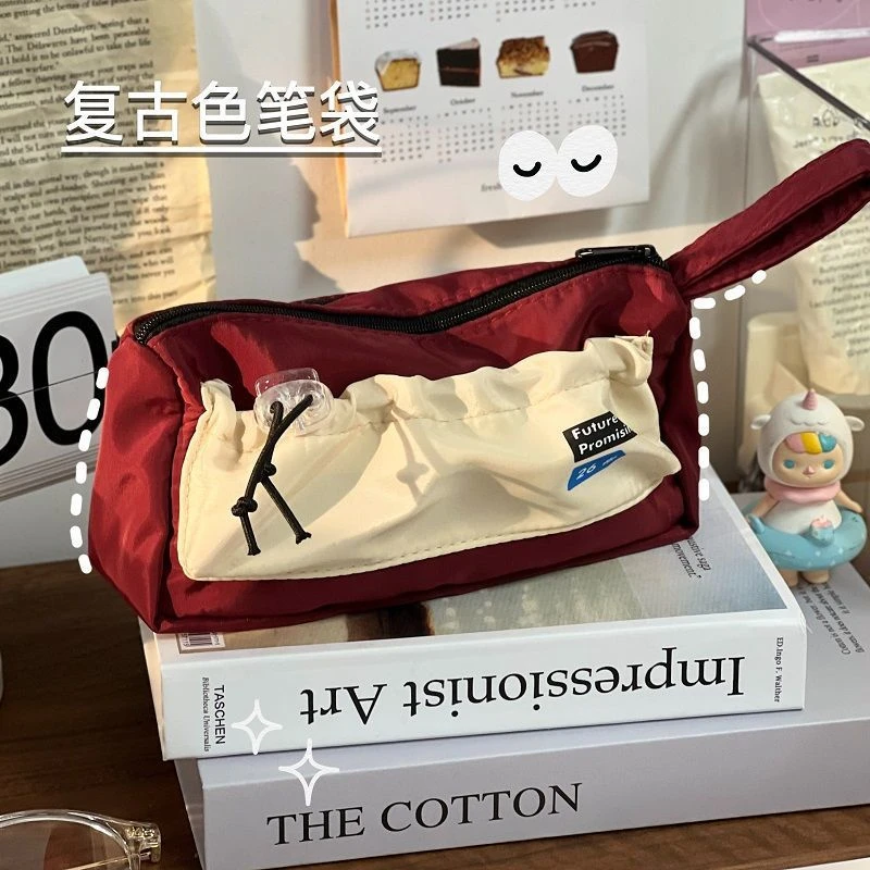 福利品韩版小众帕恰狗印花帆布笔袋高颜值时尚风大容量藏青色酒红