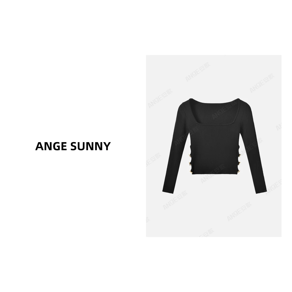 ANGE SUNNY【凯旋门方领长袖上衣】时尚新款 修身显瘦百搭针织衫