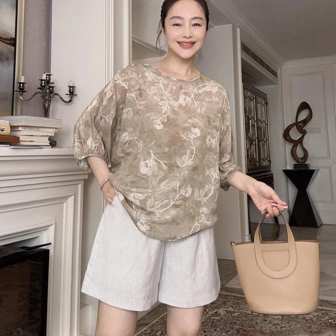 19姆米03重绉重磅印花真丝上衣 纯桑蚕丝 S50274