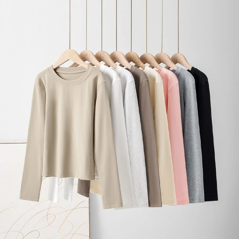 春秋230g短款修身正肩长袖打底衫t恤女辣妹正肩圆领显瘦内搭上衣