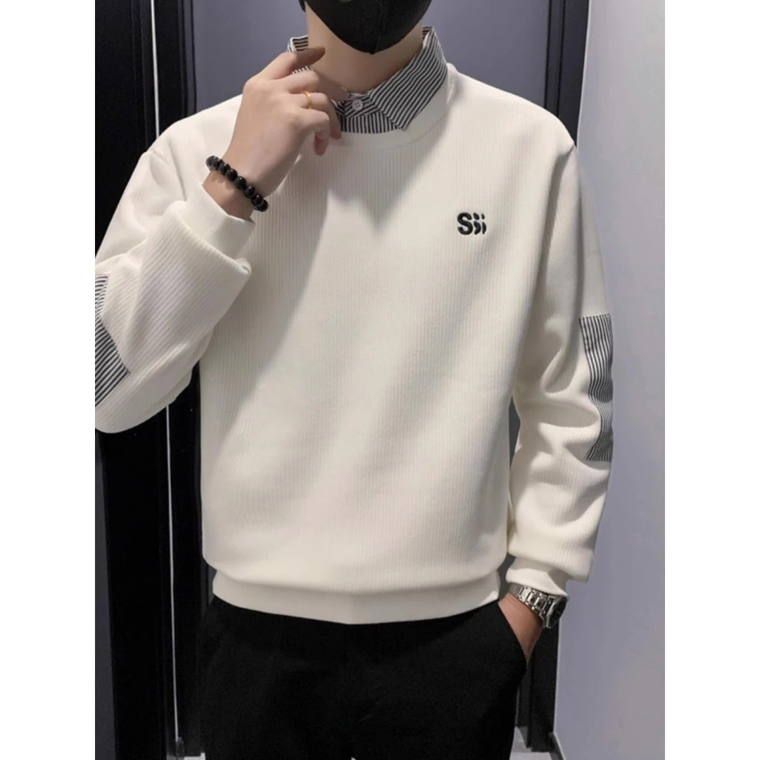 假两件卫衣男秋冬款韩版潮流内搭蓝色条纹衬衫领外套潮牌白色上衣