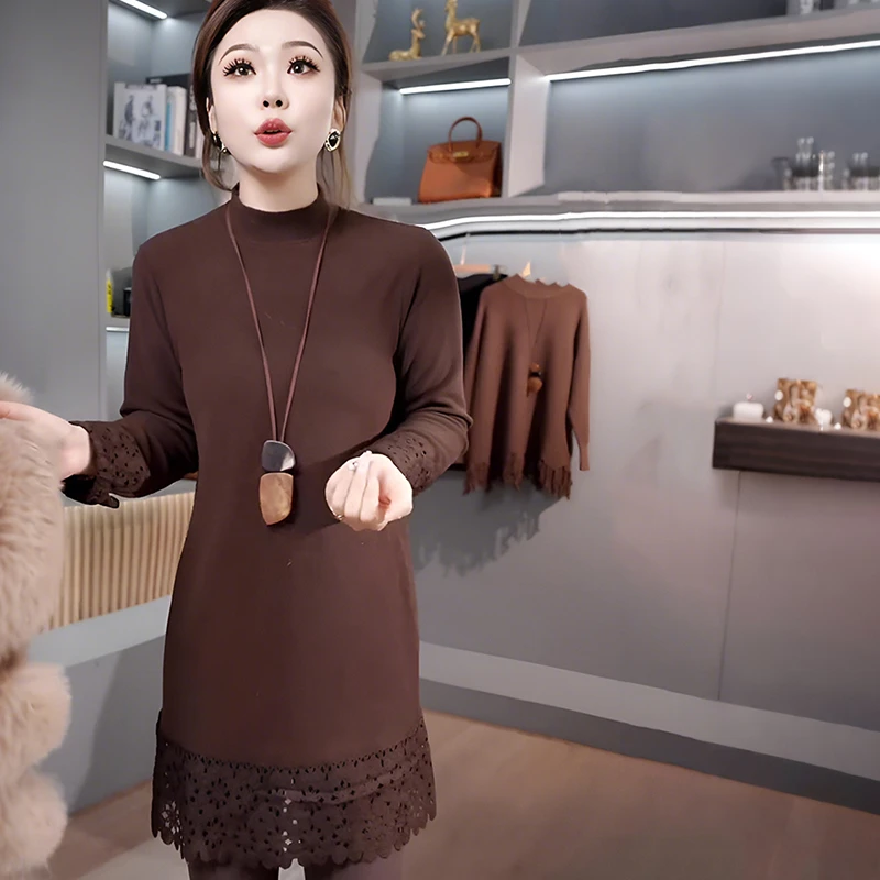 中长款蕾丝花边双面绒长袖t恤女2025新款冬季洋气显瘦打底衫上衣