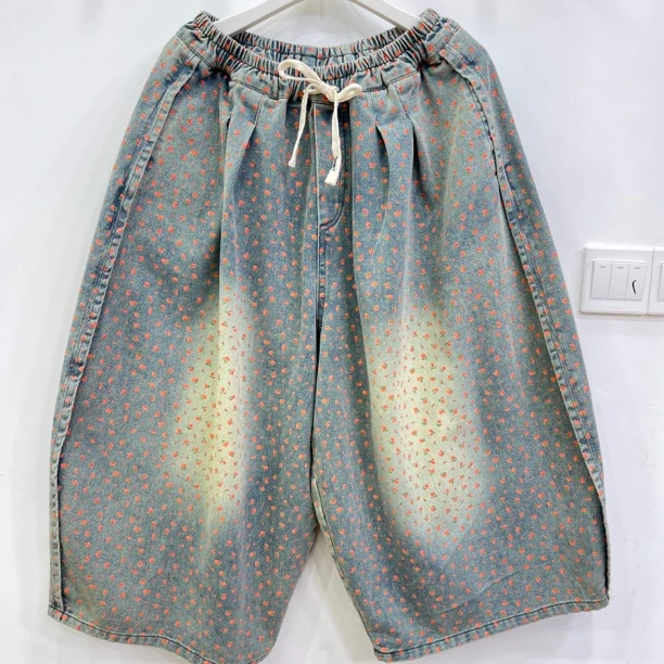 383欧货爆款牛仔怀旧印小花大版八分女裤