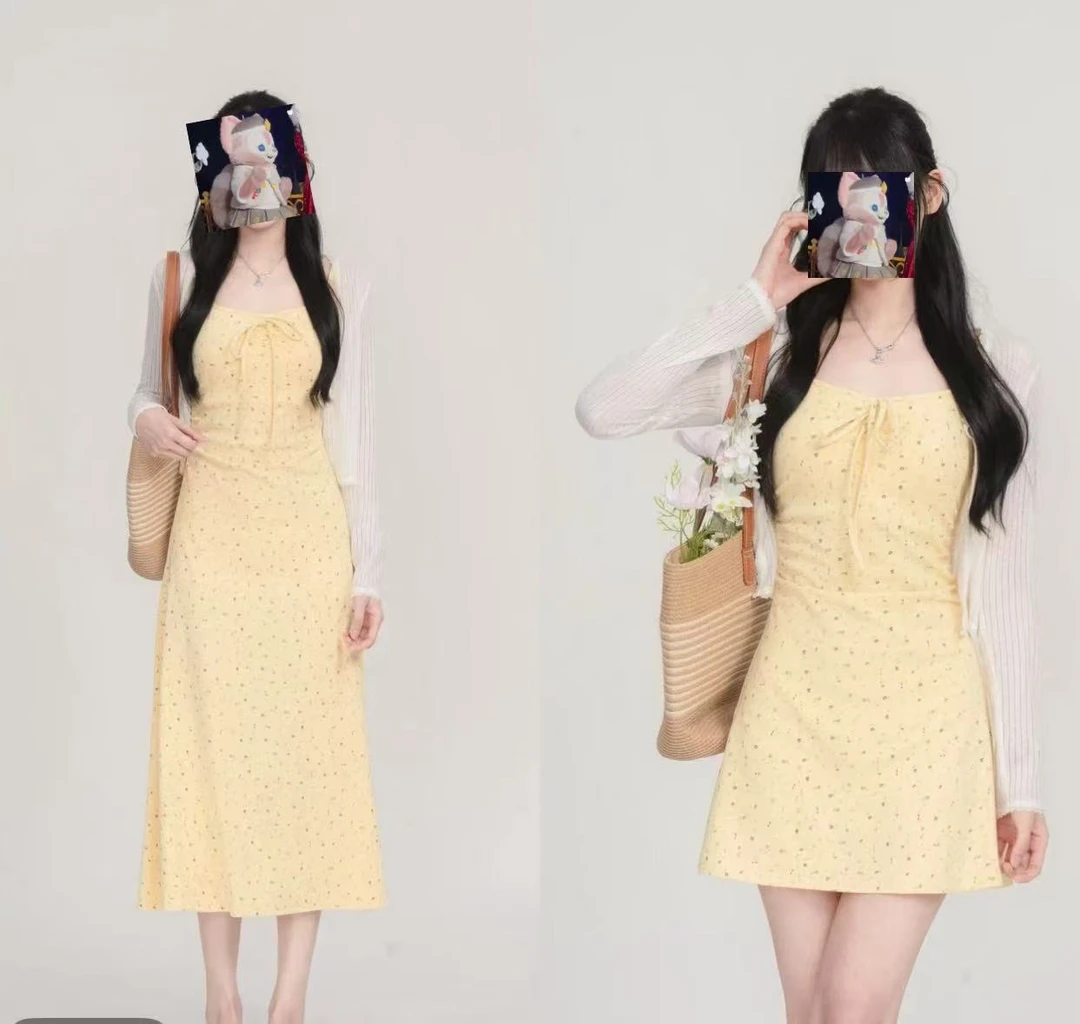 奶黄色碎花吊带大码连衣裙甜美风收腰设计开衫套装6366