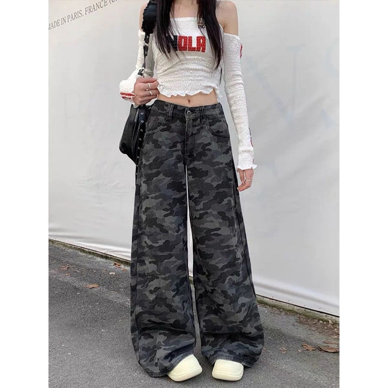 美式复古高街迷彩工装牛仔裤女春新款小个子高腰宽松显瘦阔腿裤子