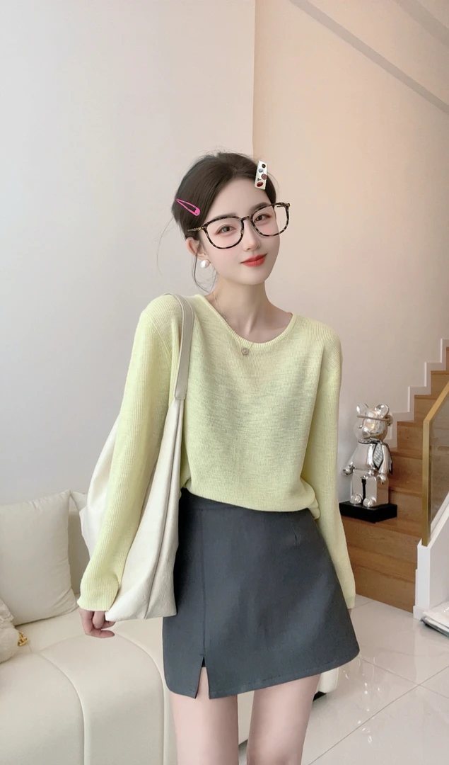 【小乔定制】温柔纯色百搭休闲圆领透气短款防晒针织衫