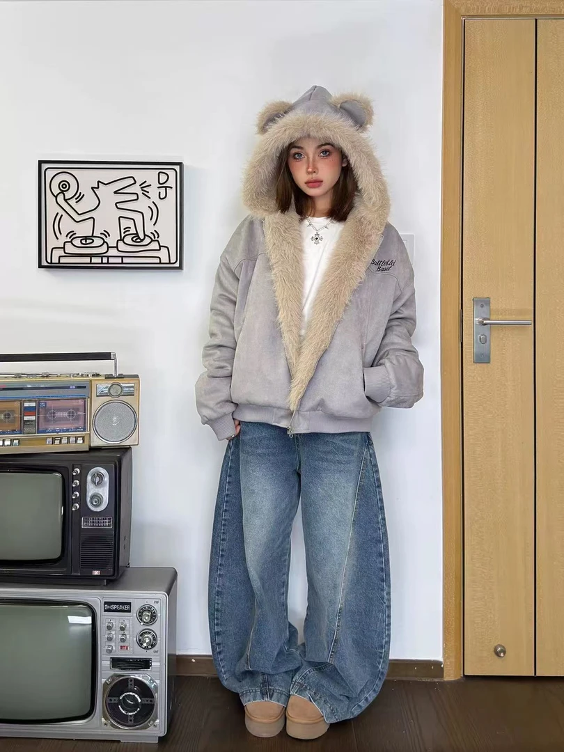 小熊耳朵座山雕棉服连帽棉衣毛领常规加厚宽松百搭休闲保暖女款