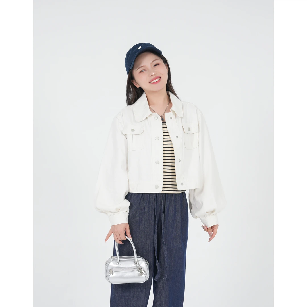 小个子圆圆8000高定亚麻纯色时尚短款牛仔衣百搭白色上衣外套女