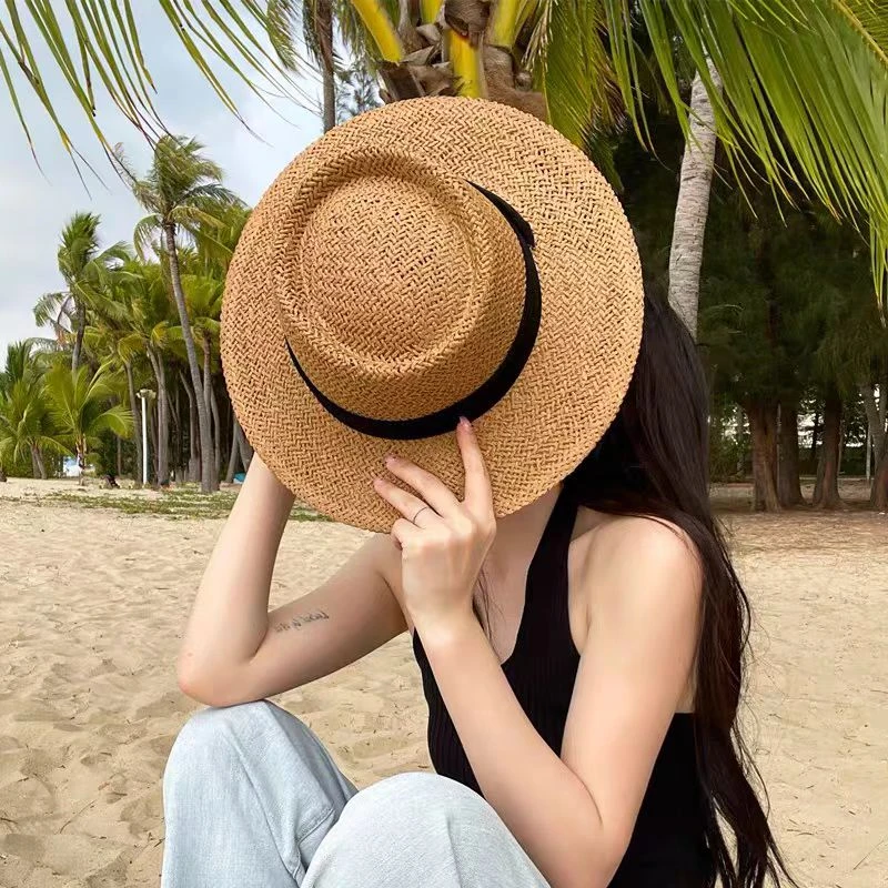 高端春夏纯手工编织淑女田园风硬顶草帽户外防晒时尚百搭天然草编