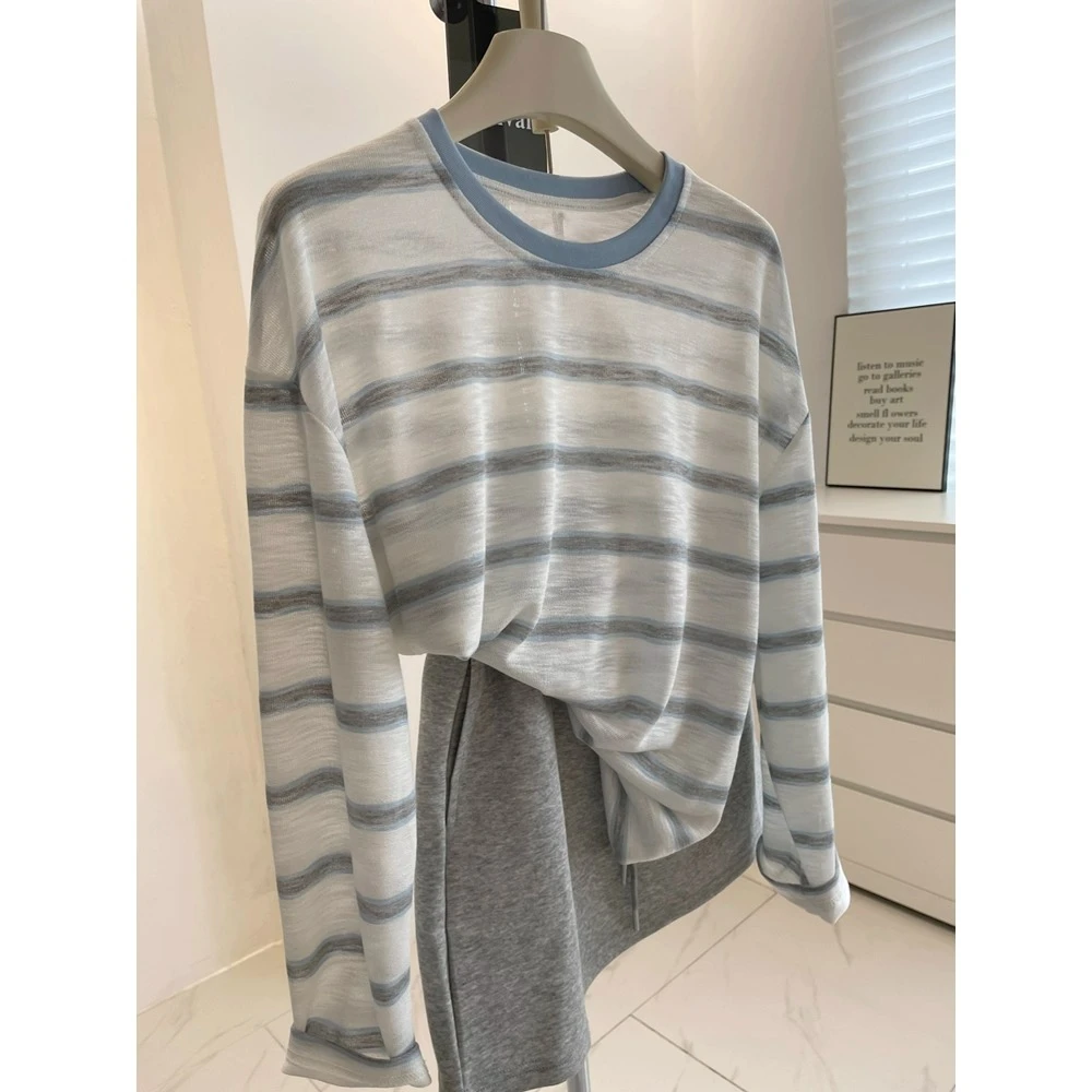 大码女装胖mm300斤条纹冰丝长袖防晒衫女夏透气百搭宽松显瘦罩衫