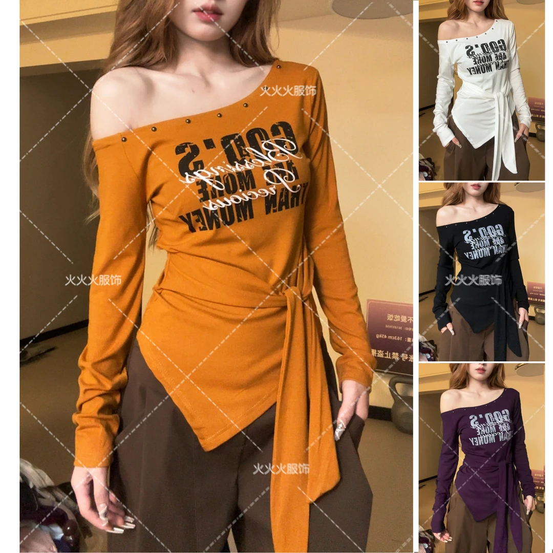 2025秋季新款气质印花绑带一字领长袖T恤收腰显瘦纯欲上衣女7105