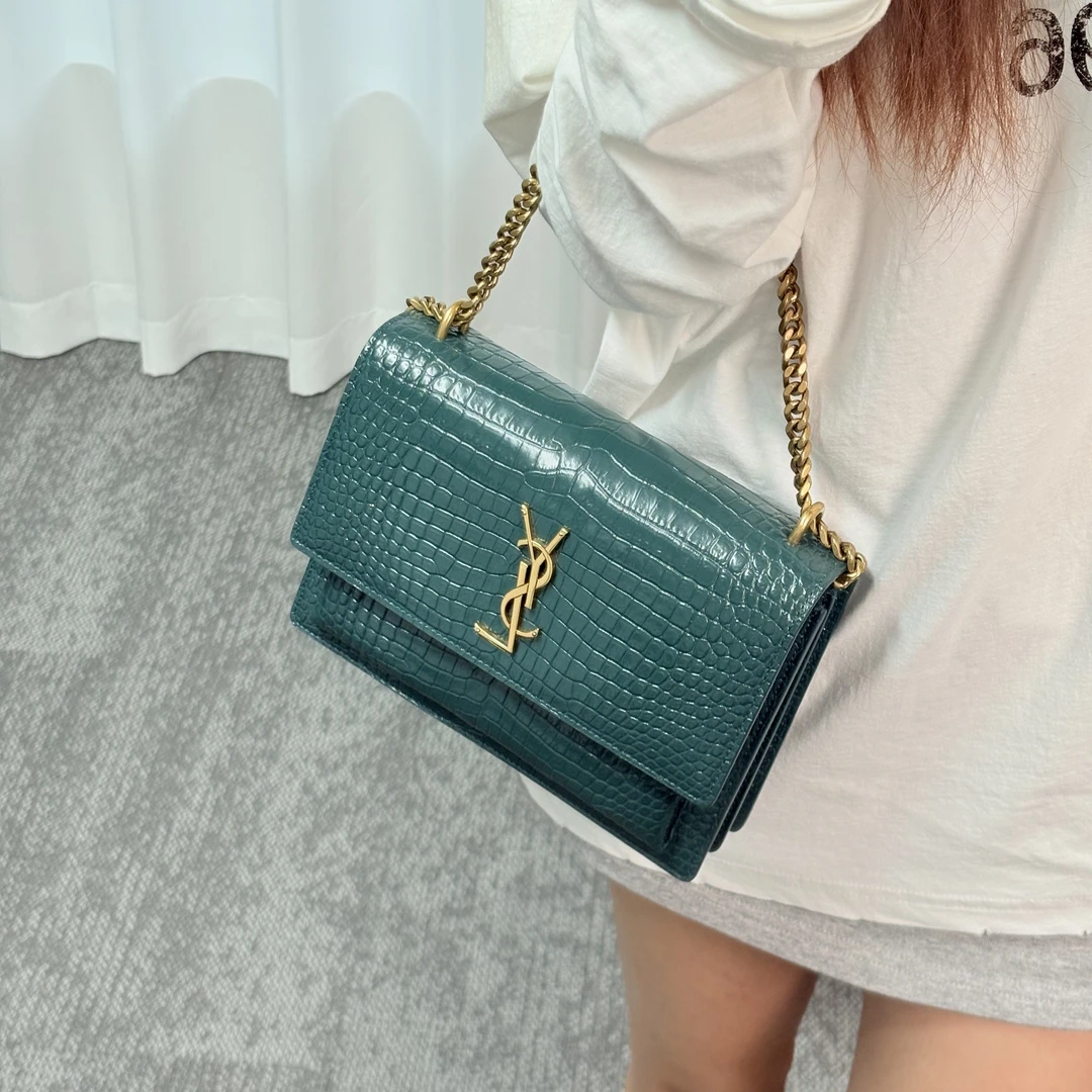 95新 YSL/圣罗兰 绿色鳄压日落单肩斜挎包ds
