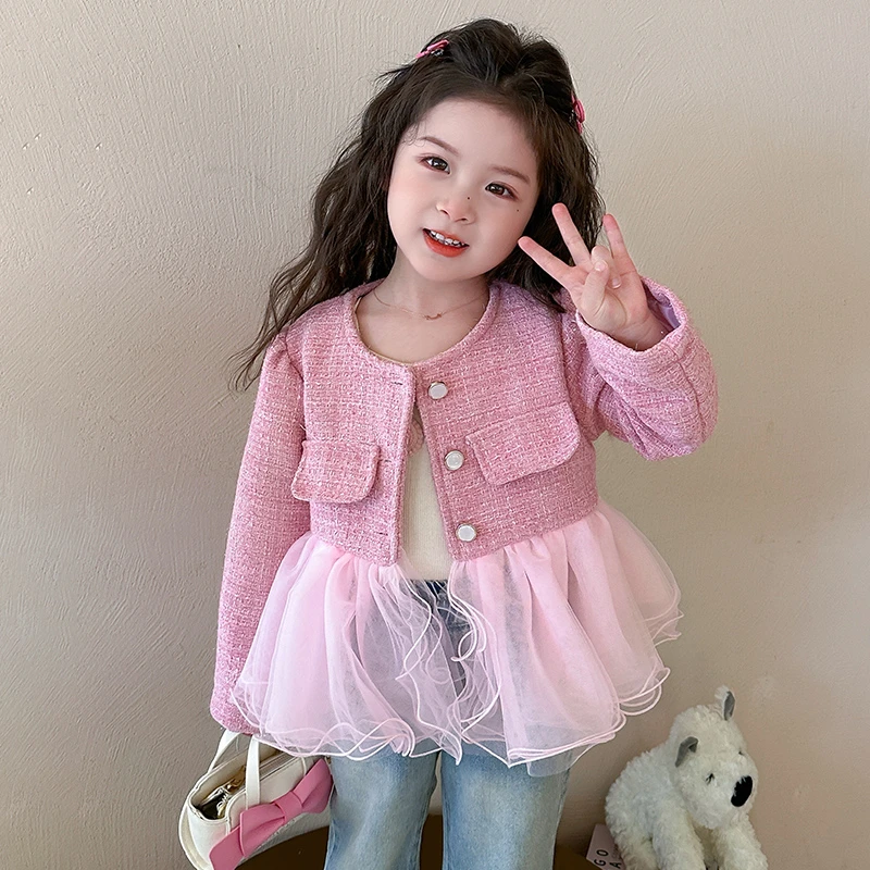 女童外套春秋款2025新款韩系短款网红儿童网纱拼接小香风公主上衣