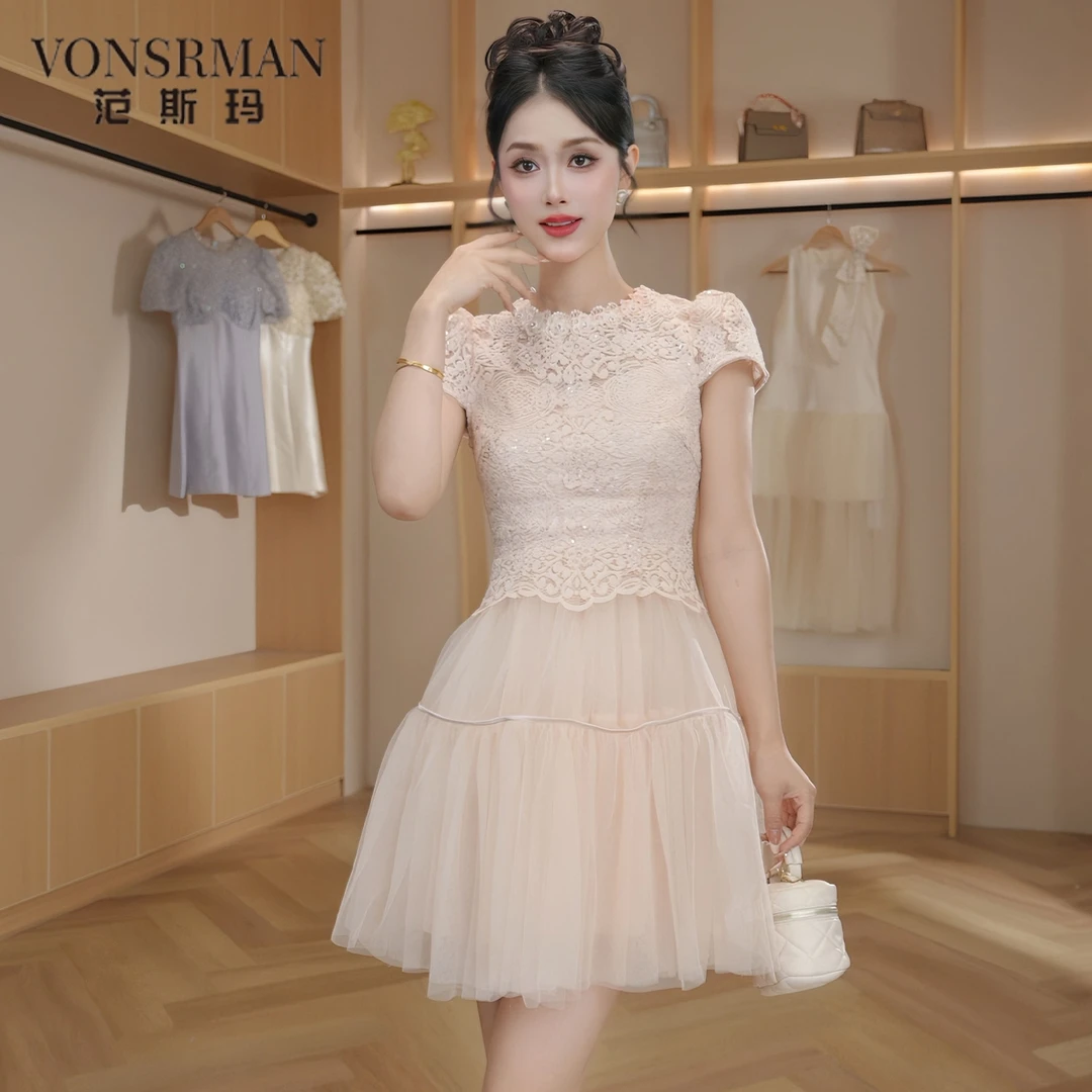 欧洲站小个子连衣裙女夏季蕾丝拼接网纱巨好看减龄收腰显瘦a字裙a