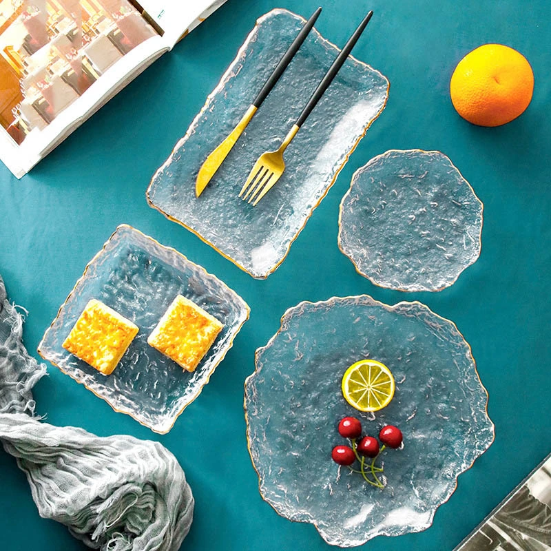 日式不规则锤目纹金边玻璃盘子创意冰露碟水果沙拉寿司餐具点心盘