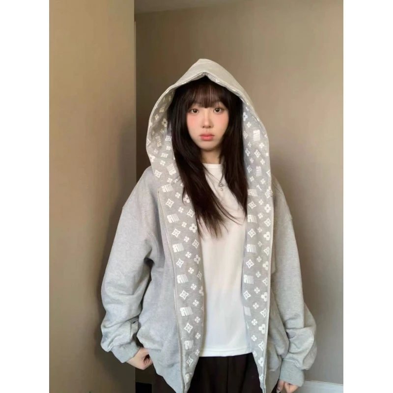 美式复古设计感灰色开衫连帽卫衣男女款秋季cleanfit高级感上衣潮