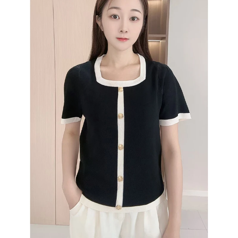 法式小香风方领针织T恤女2025夏季新款撞色洋气宽松休闲百搭上衣