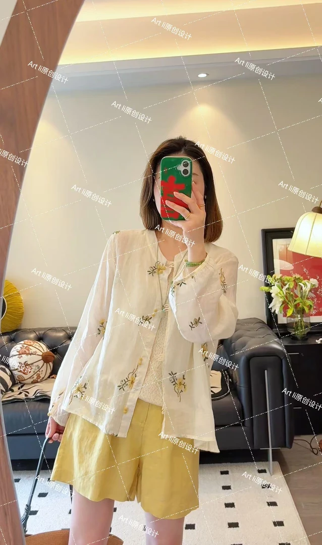 Art li小雏菊刺绣苎麻衬衫夏季薄款独特减龄气质长袖2397-1
