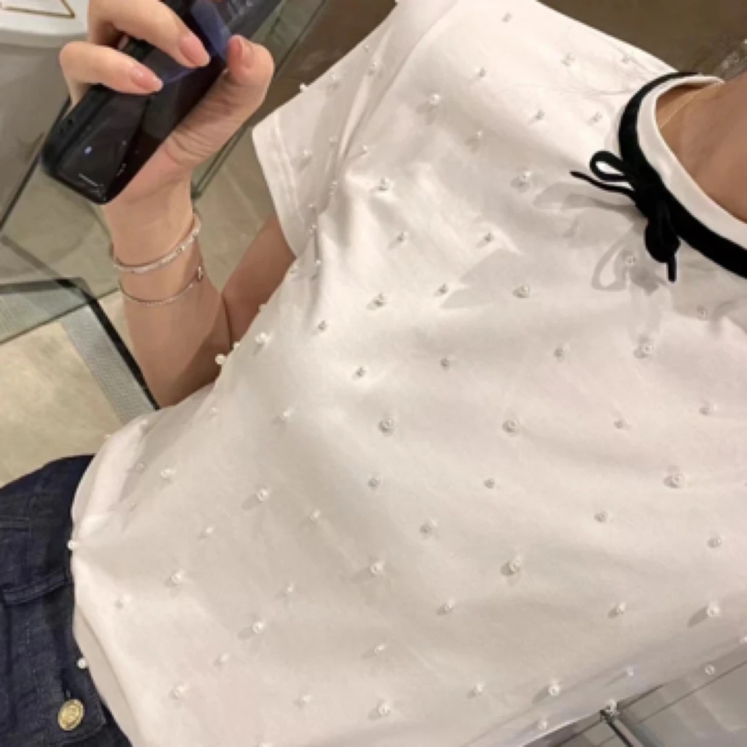 99新 MIU MIU/缪缪 gg31/丝绒蝴蝶结领口珍珠短袖T恤 棉 38码