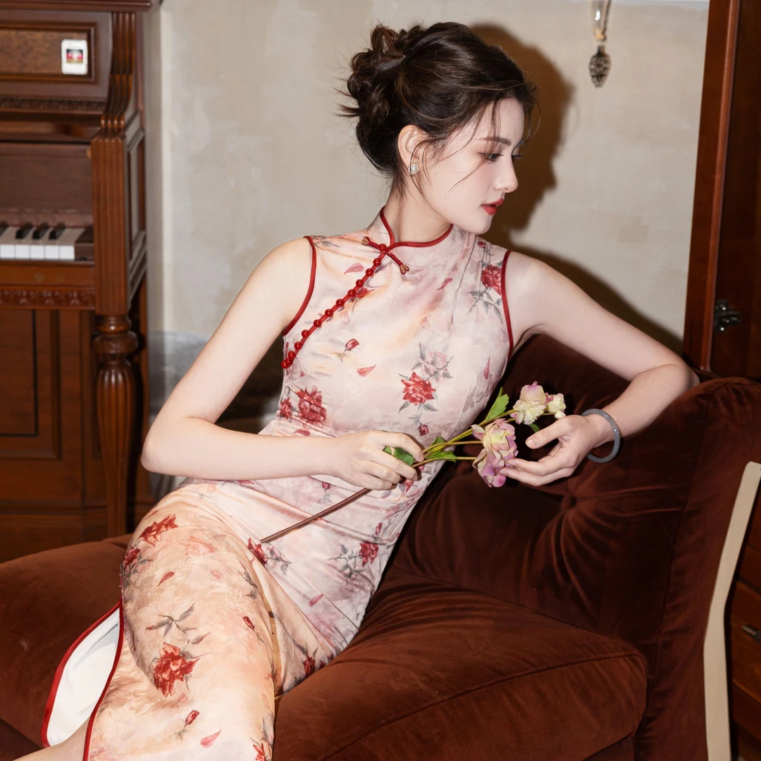 【半溪明月】春夏新款长丝斜纹锻提花气质少女双层旗袍 衣长120