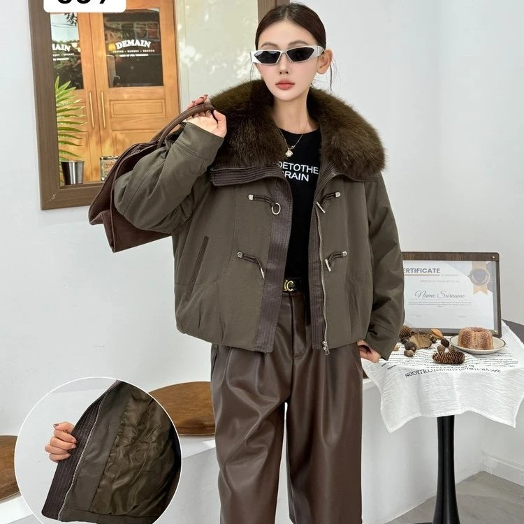 秋冬外套带毛领厚款长袖插肩袖毛领短款可拆卸冬季宽松保暖韩版