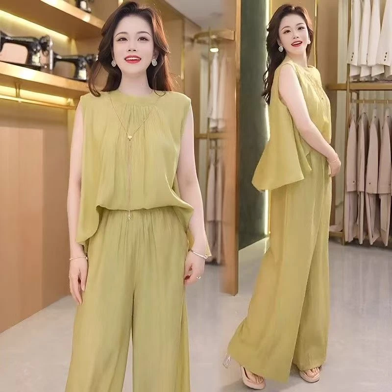 2025年夏季女士无袖套装纯色女式装妈妈装时尚休闲宽松遮肉两件套