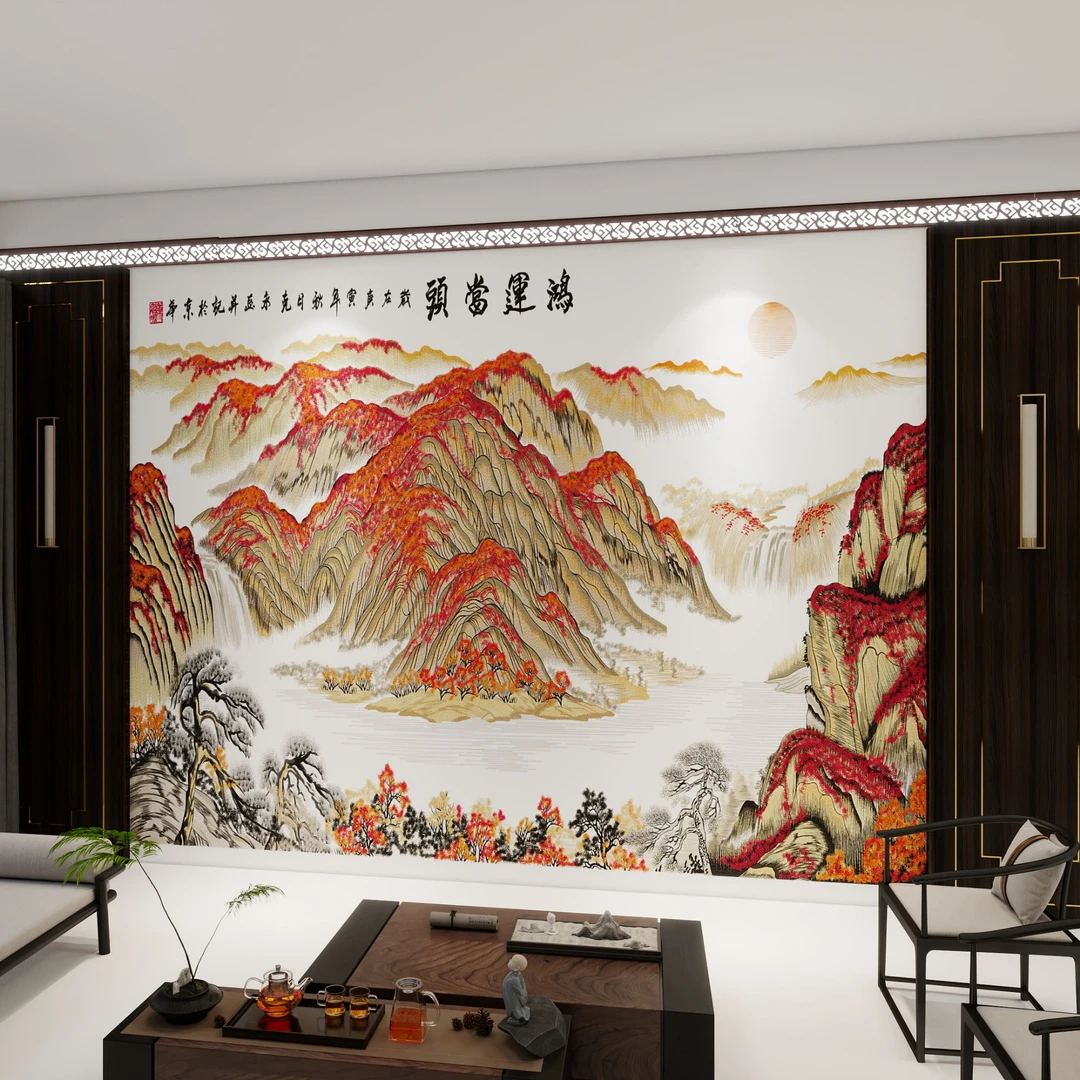 鸿运当头定制款 刺绣背景 沙发背景 办公室背景 独秀背景