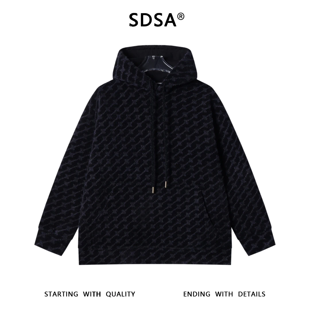 SDSA男士秋冬新款痞帅男装撞色提花斜纹绒毛设计抽绳连帽卫衣百搭