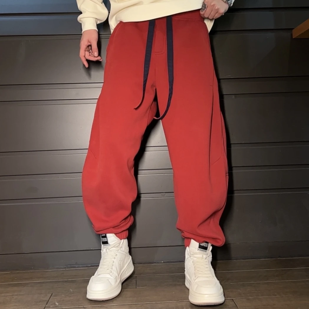 DB 男装冬季新款加绒加厚字母休闲裤男简约百搭显瘦情侣款裤9563