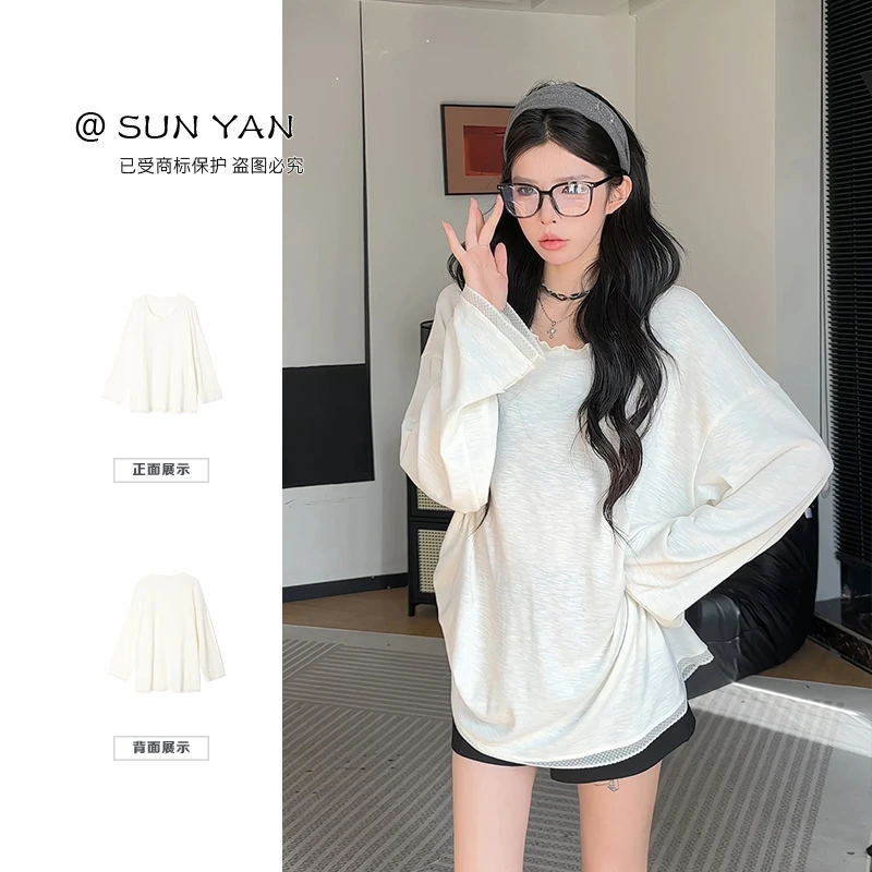 孙妍秋款【雾里生花】时尚休闲圆领花边宽松遮肉显瘦大版T恤女新款
