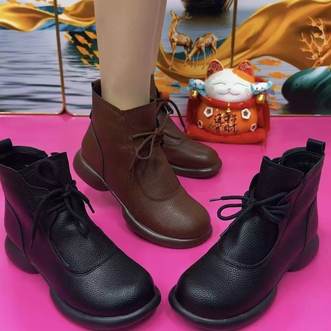 【专柜女鞋】真皮圆头加绒保暖女士短靴显瘦气质防滑中老年时尚女靴