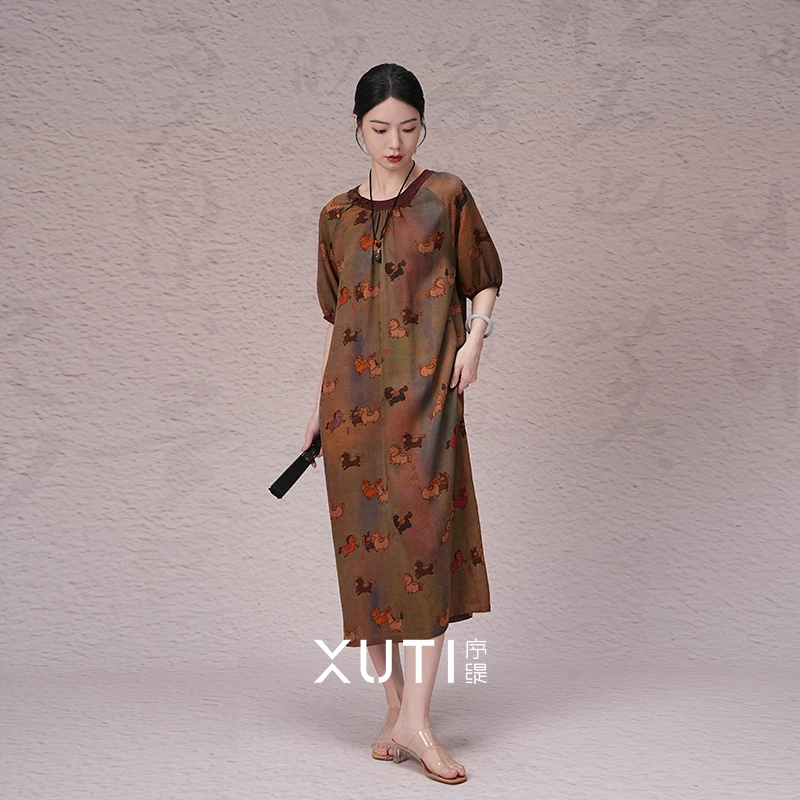 序缇『长安旧梦』夏季新款新中式女装红云纱桑蚕丝连衣裙S06-2299