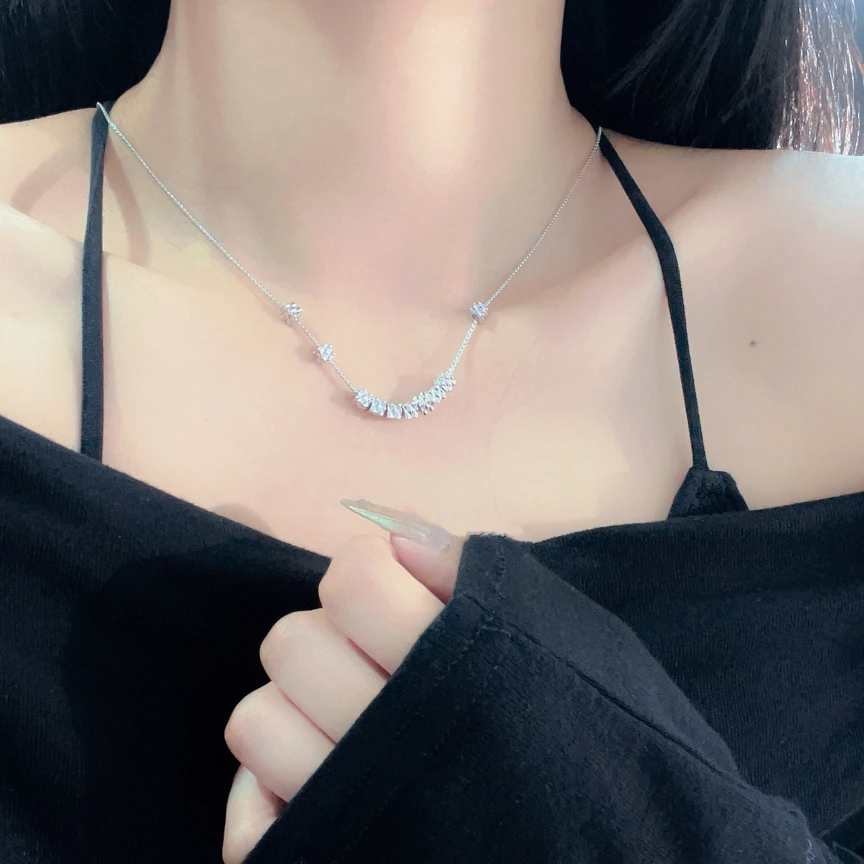 链子925银 925银素方块锁骨链正反心形设计超闪轻奢小众