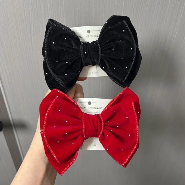 韩国新款洋气秋冬植绒双层蝴蝶结弹簧夹发夹纯色简约发卡时尚发饰