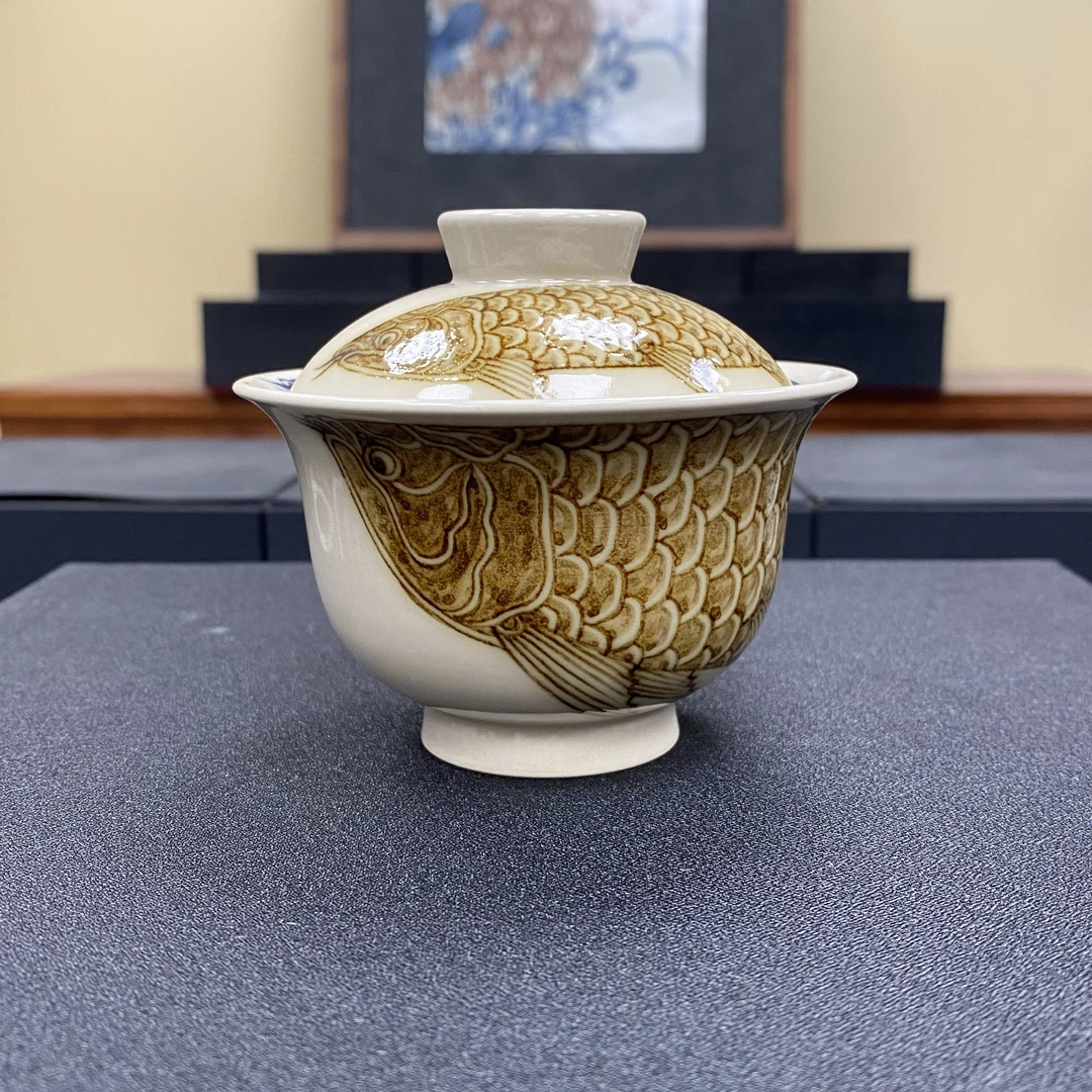 元经秘旨二号釉青花釉里金金龙鱼元宝盖碗景德镇手工纯手绘茶具茶