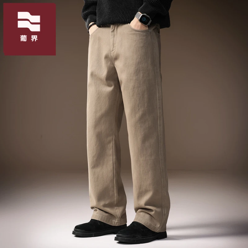 高端美式复古纯棉简约男士休闲裤2025秋季日系潮流阔腿宽松直筒裤