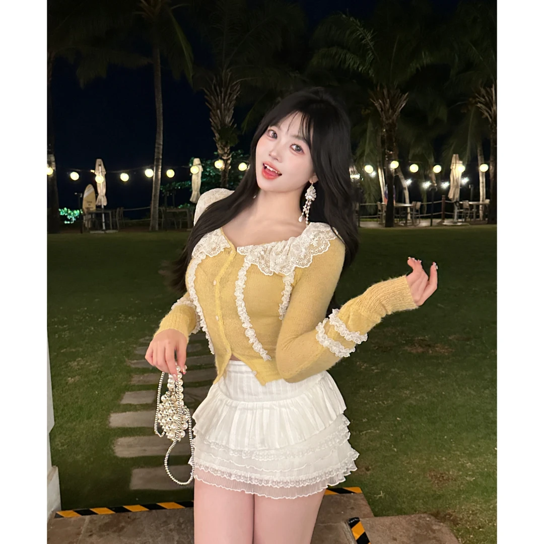MengFairy清清【蕾丝少女】韩系甜美蕾丝花边显瘦针织上衣 5001