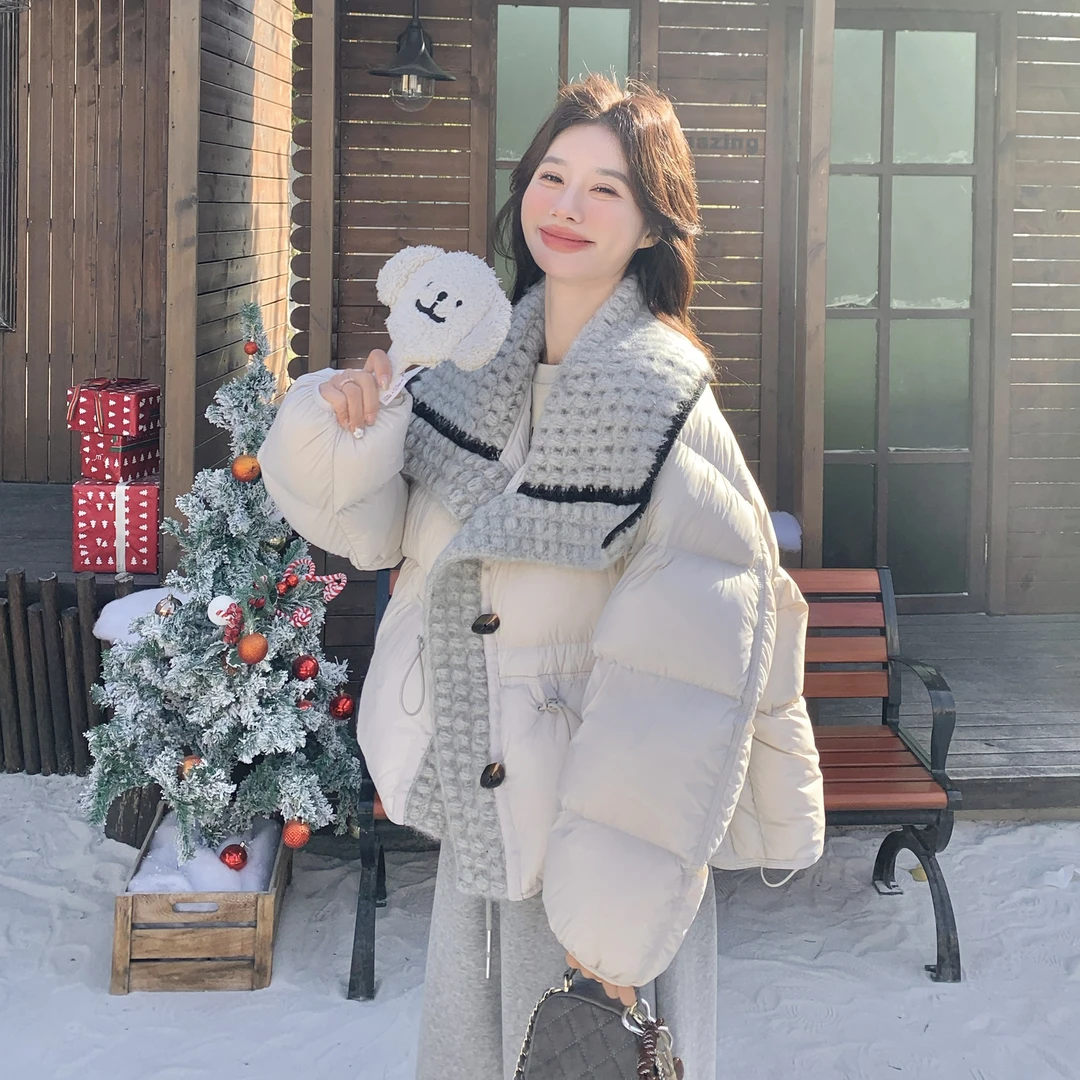 独特设计感针织拼接羽绒服女2025冬季新款休闲慵懒风白鸭绒厚外套