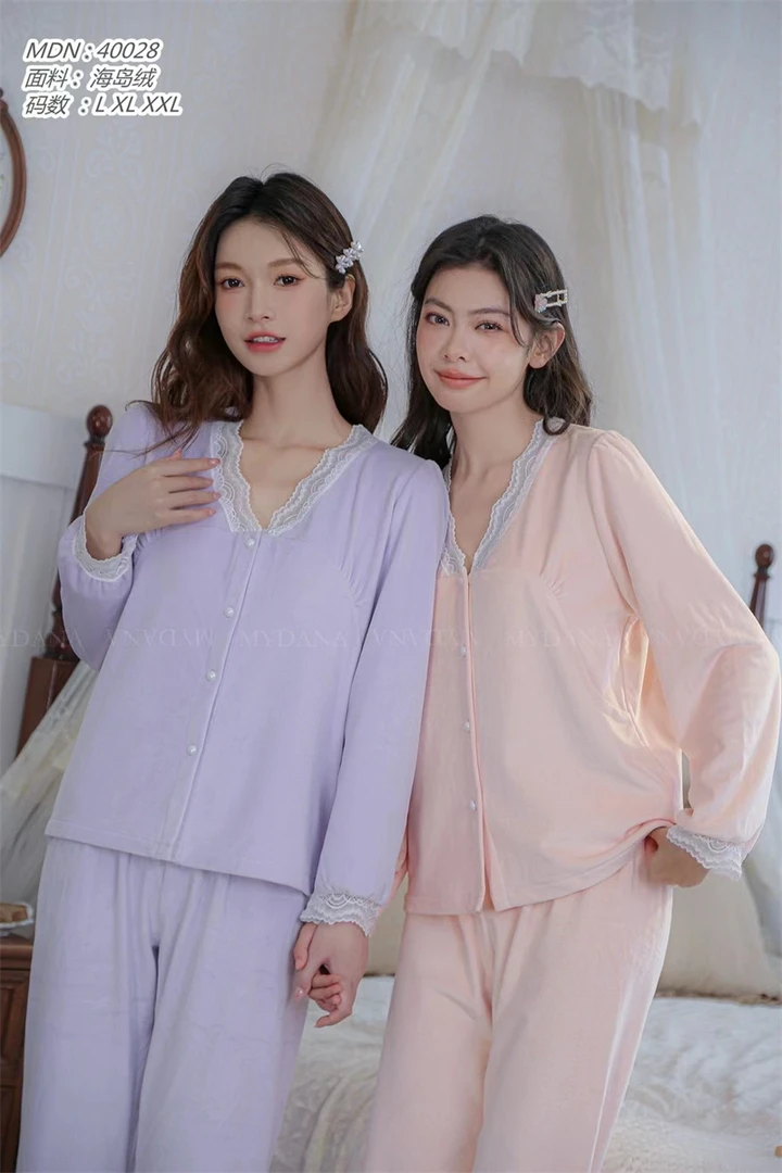40027/40028 秋冬海岛绒套装 蕾丝边保暖家居服 睡衣套装