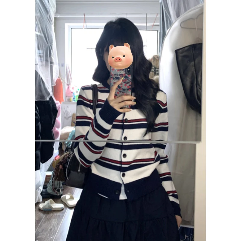 复古撞色条纹圆领针织开衫女2025早秋新款慵懒风短款毛衣外套上衣