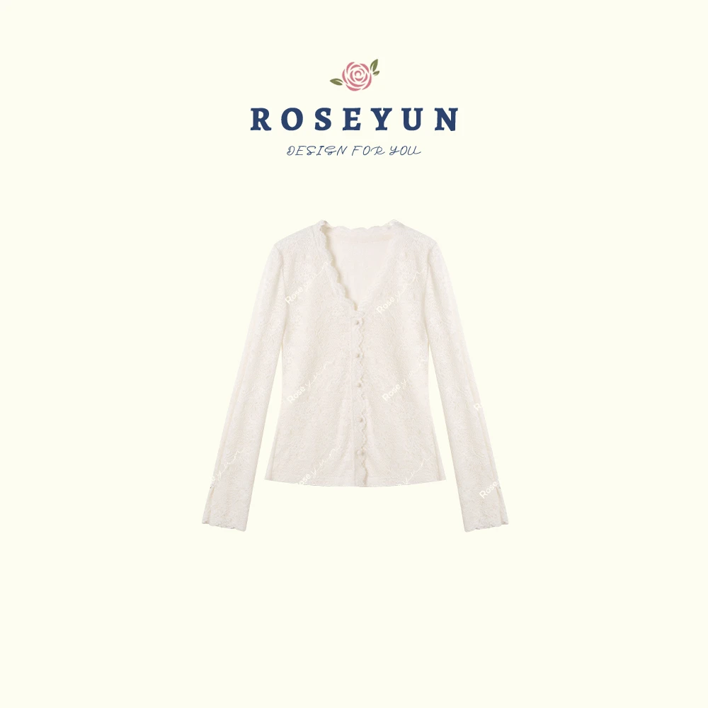 【Rose Yun】法式V领重工花边蕾丝磨毛亲肤小衫    JY115100