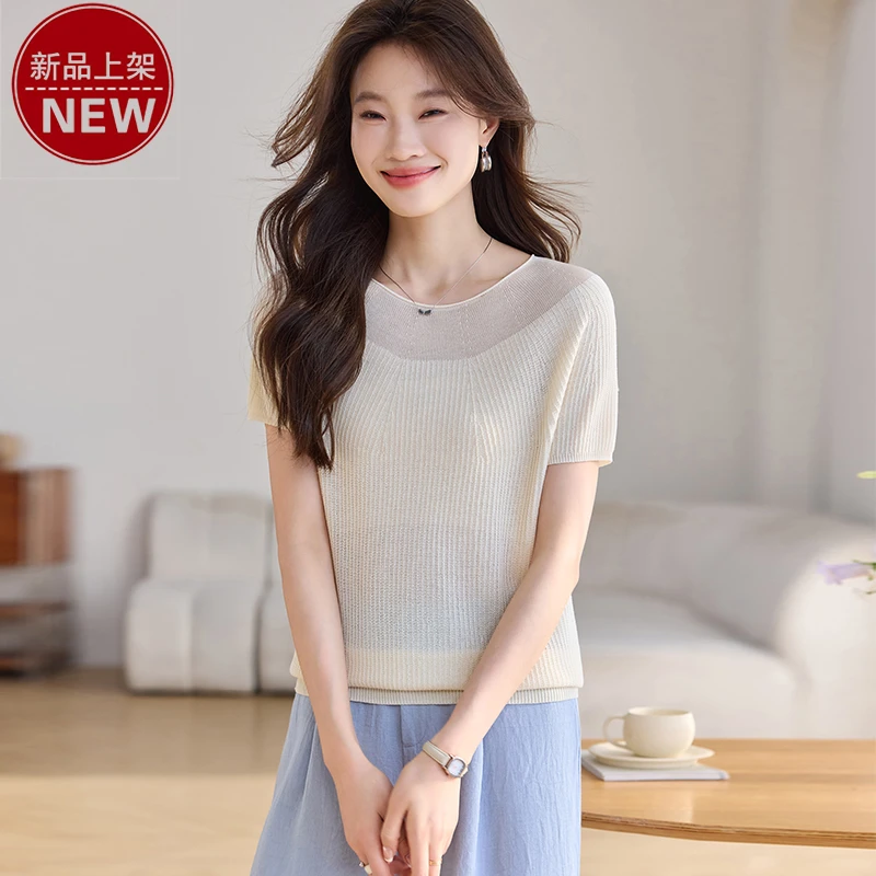 哥弟阿玛施正品时尚圆领薄款领口镂空微透气质短袖优雅休闲针织衫