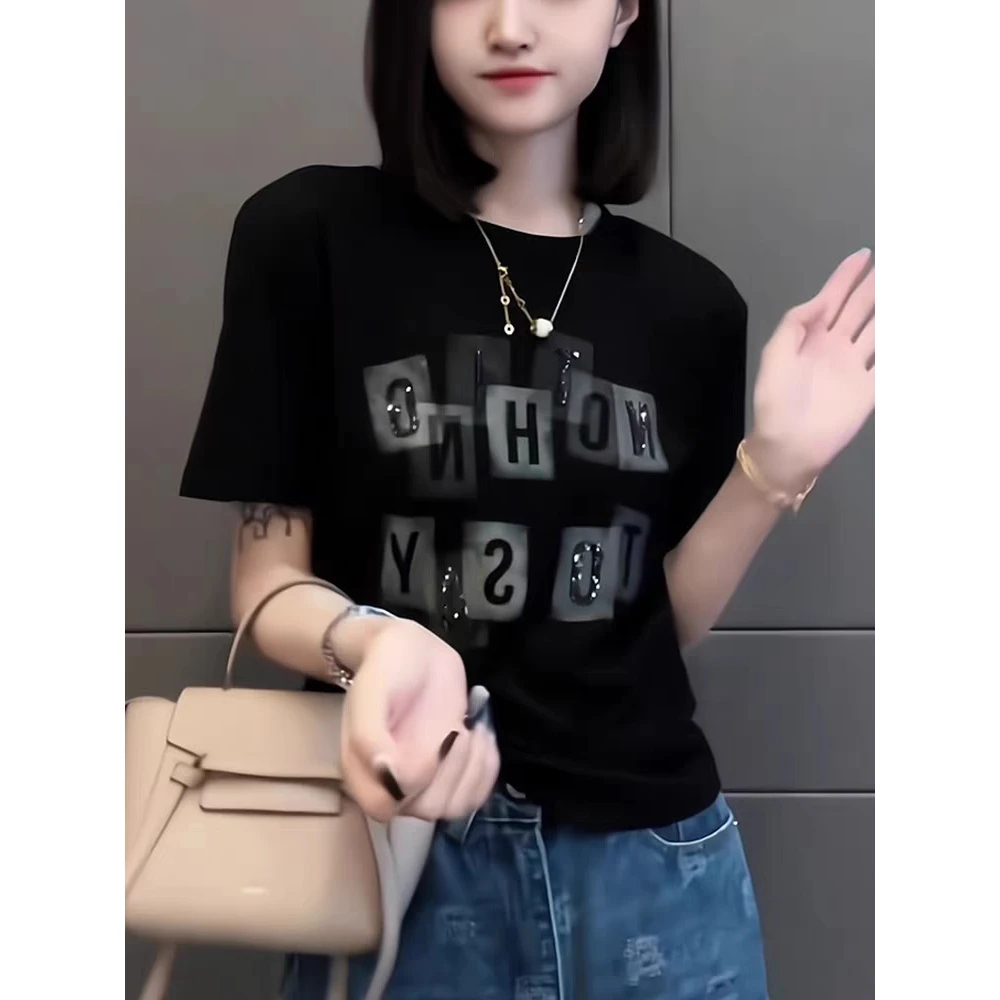 【Z005】设计感烫钻正肩短袖T恤女宽松2025夏装新款洋气薄款上衣