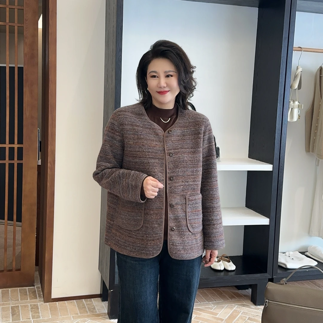 微胖女装【高奢精英】绵羊毛渐变咖条复合鹿皮绒小外套秋季秋装11