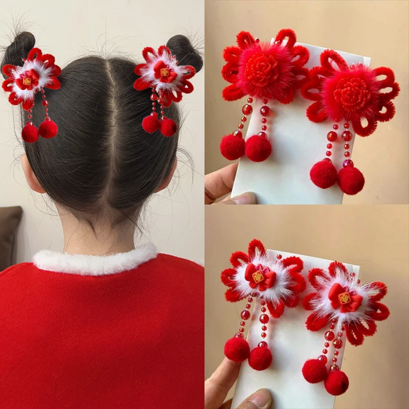 儿童新年头饰中国风女童汉服发夹水貂毛古风流苏发卡宝宝过年发饰